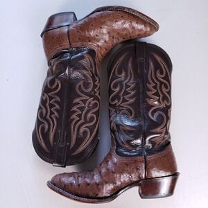 Larry Mahan Ostrich Cowboy Boots Brown Exotic Western Leather Men's 7.5E VTG